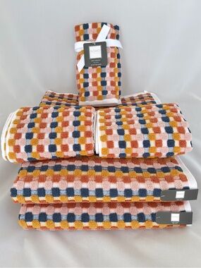 NWT 6 Pc Soho Living Cotton Bath Towel Set Retro Checkerboard Fall Decor Ochre
